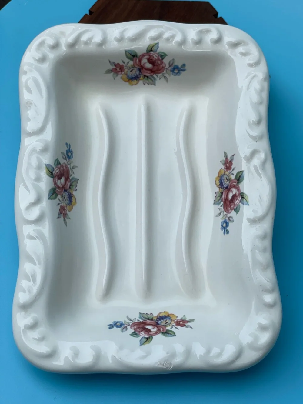 Vintage Athena Soap Dish White Ceramic Floral Pink Yellow Made USA Cottagecore